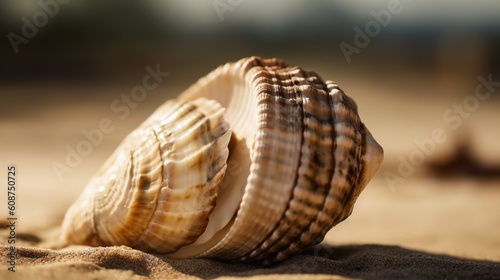  a close up of a sea shell on a sandy beach.  generative ai © Jevjenijs