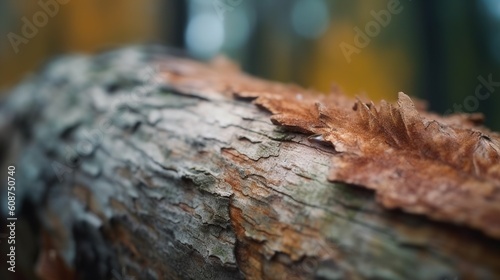  a close up of a tree trunk with brown and green leaves. generative ai