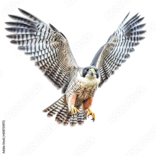 a Peregrine Falcon, Falco peregrinus in-flight wings spread frontal view in a Nature-themed, photorealistic illustration in a PNG, cutout, and isolated. Generative AI