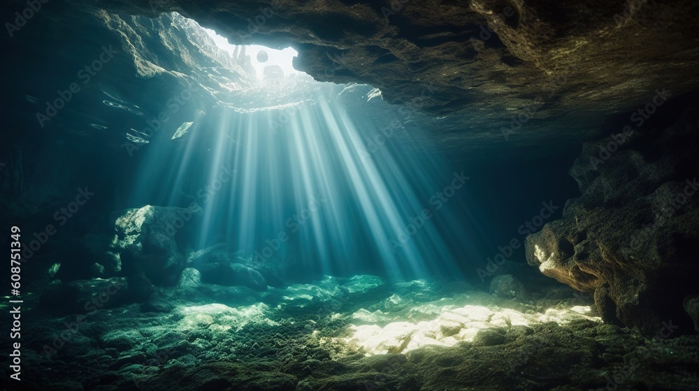  a cave with sunlight streaming through the water and light coming from the ceiling.  generative ai