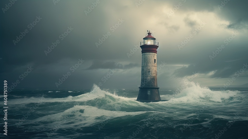  a lighthouse in the middle of a large body of water.  generative ai