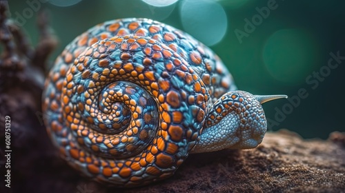  a close up of a snail on a tree branch with a blurry background. generative ai