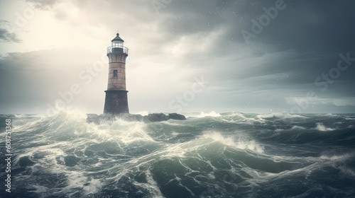  a lighthouse in the middle of a large body of water. generative ai