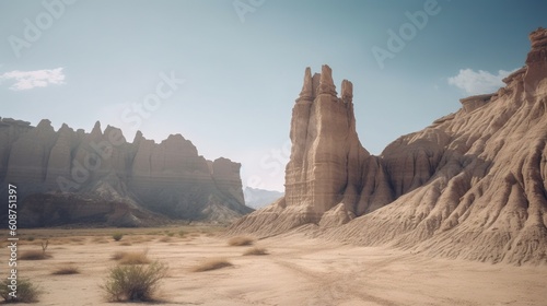 a desert landscape with a rock formation in the background and a blue sky in the background. generative ai