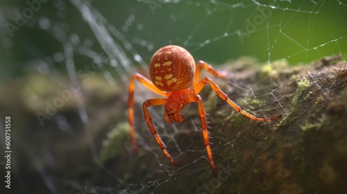  a close up of a spider on a tree branch with its web.  generative ai