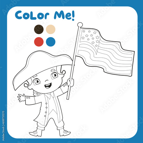 4th of July theme coloring page for kids. Coloring the 1st president of USA George Washington waving the Flag of America. America Independence Day edition. Vector illustrations file.
