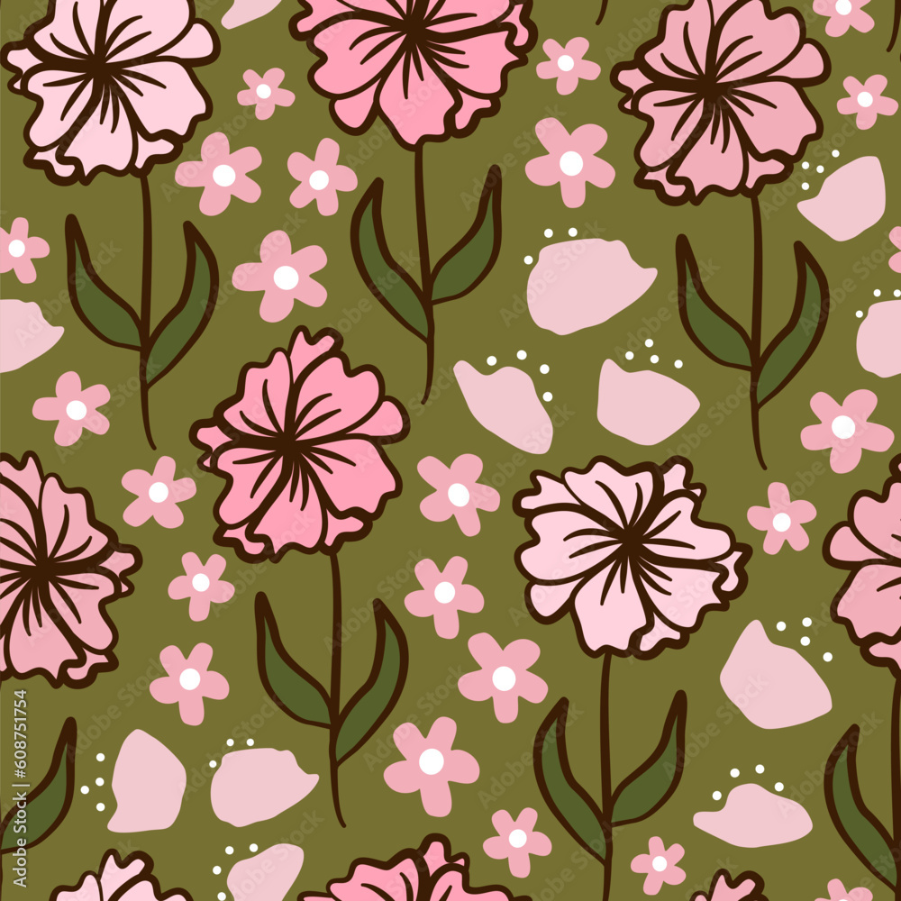 cute colorful seamless vector pattern illustration with pink flowers on green background