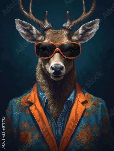 Photo A real deer cool with black sunglasses. Generative AI