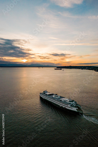 Washington State Ferry At Sunset In Seattle