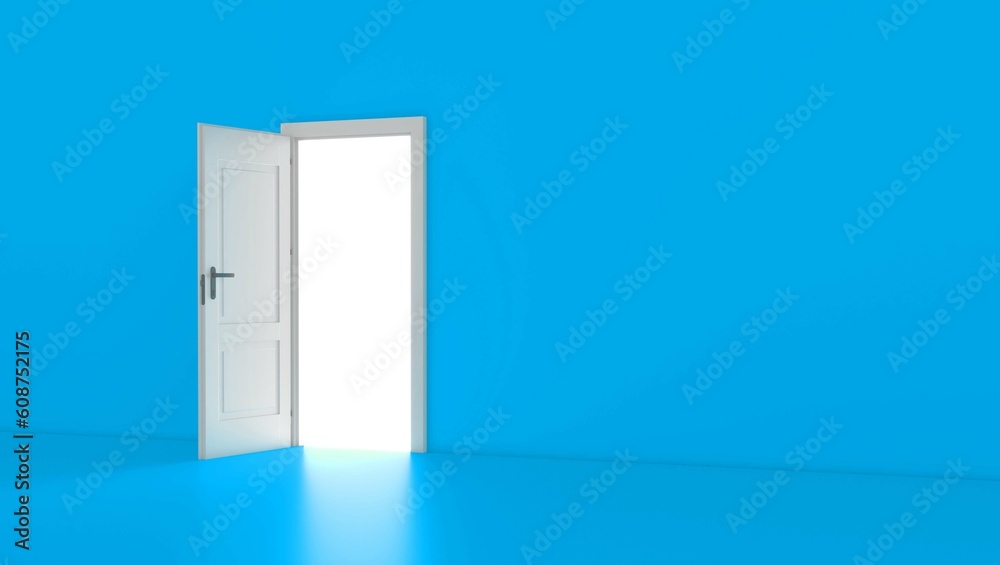 Open the door. Symbol of new career, opportunities, business ventures and initiative. Business concept. 3d render, Blue Room with the door open for a sky. Door to heaven. Open the door. Symbol of new career, opportunities, business ventures and initiative. Business concept. 3d render, Blue Room with the door open for a sky. Door to heaven.