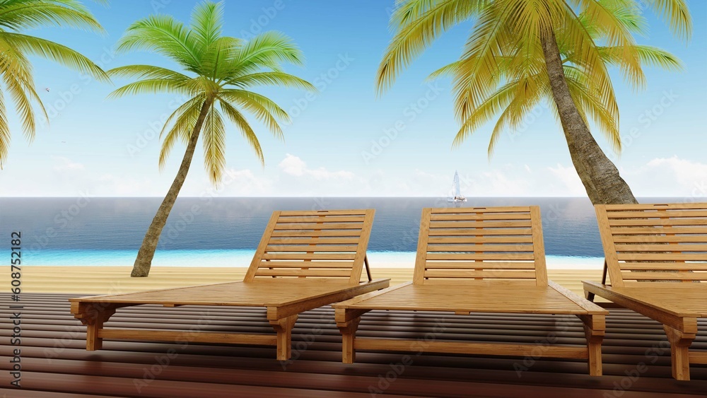 Palm trees and three sun loungers on the beach.