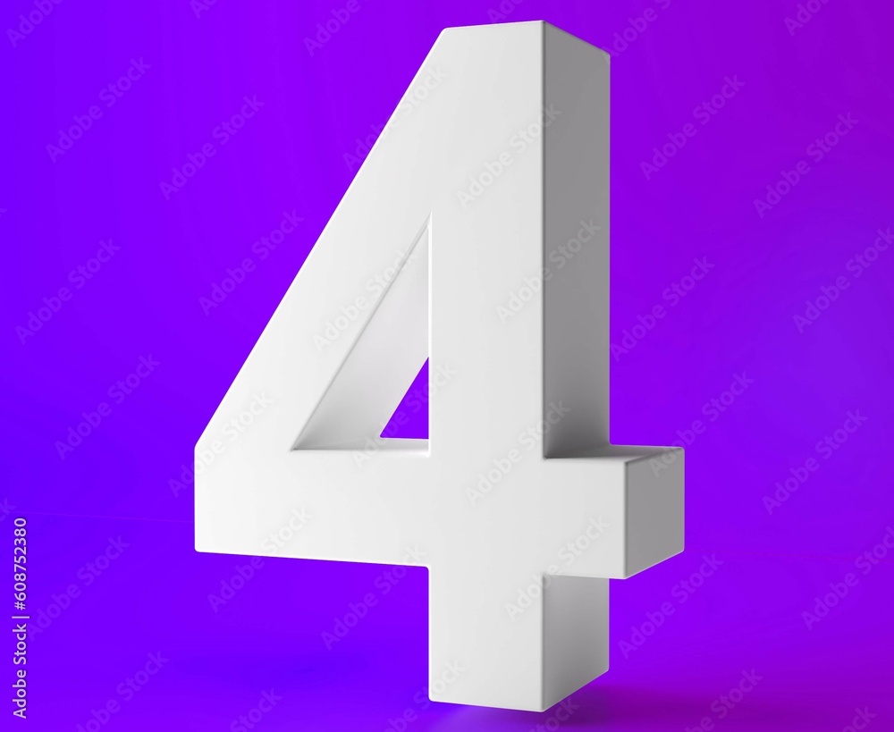 Number 4 in white on light purple background, four isolated number 3d rendering. Number 4 in white on light purple background, four isolated number 3d rendering.