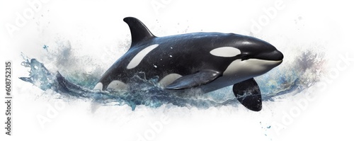  a Horizontal format Orca / Killer Whale doing coming out of the water, side view, Aquatic-themed, photorealistic illustrations in JPG. Generative AI