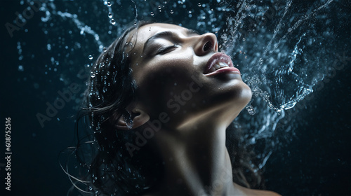 young woman lifts her head and enjoys fresh wet shower of water over her body, generative AI