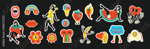 Collection multicolored vintage pop art summer stickers elements decorative design vector illustration. Set groovy style girls, strawberry, sun, sunglasses, rainbow arch