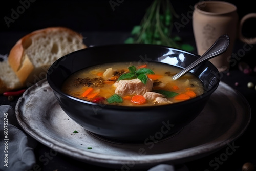 Meat soup with spicy herbs, AI Generated