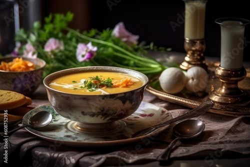 Pumpkin cream soup with spicy herbs, AI Generated