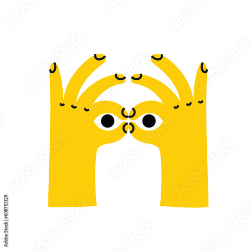 Hand gesture symbolizing binoculars, magnification, looking into the distance, point of view. Vision, prediction, look forward. Flat vector illustration on yellow.