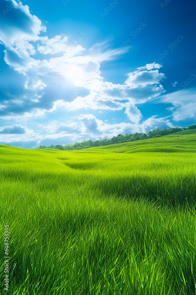 Green grass field on small hills and blue sky with clouds, Generative AI