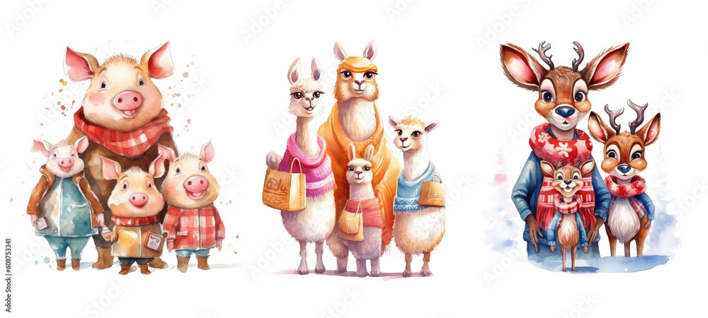 Obraz premium Cute Animals Family Watercolor Clipart. Generative AI 