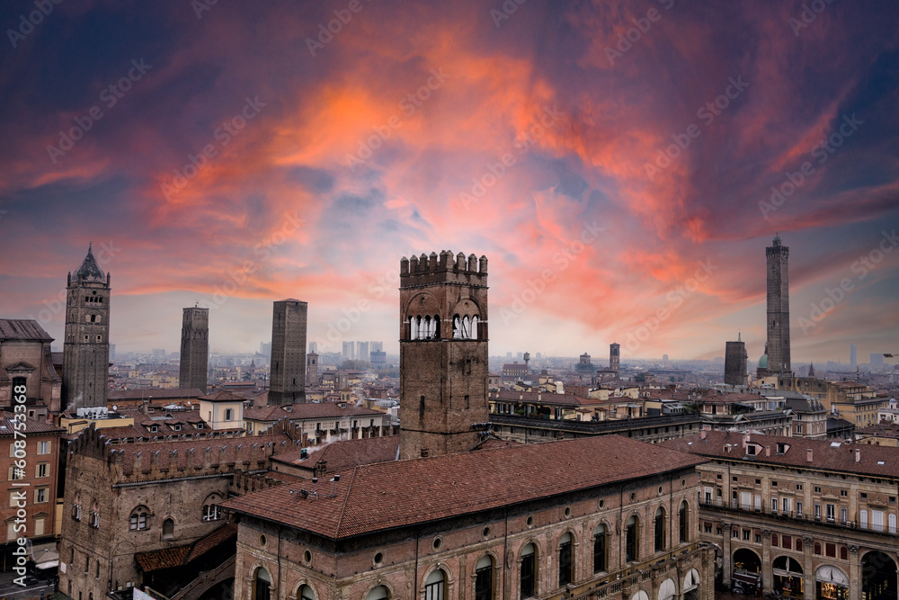 Bologna. Medieval city capital of Emilia Romagna in Italy Europe. City of art and culture. Tourists from all over the world for Piazza Maggiore, Via Indipendenza, the leaning towers and the university