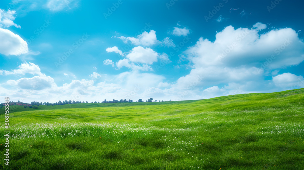 Green grass field on small hills and blue sky with clouds, Generative AI