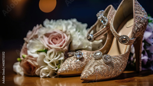 Wedding shoes with crystals and bouquet. Generative AI