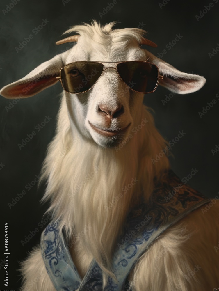 A real goat cool with black sunglasses. Generative AI