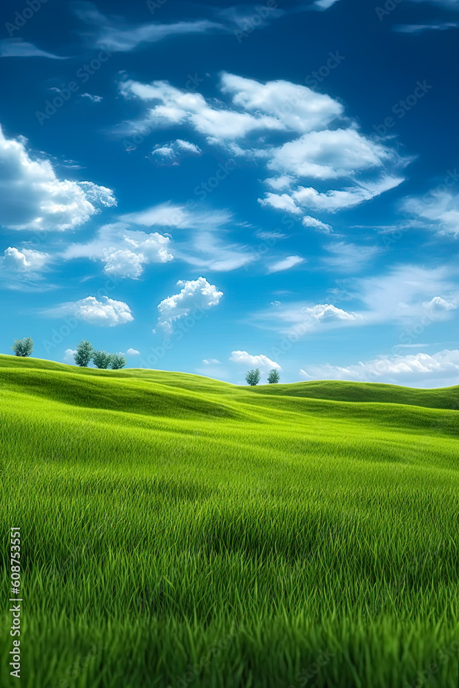 Green grass field on small hills and blue sky with clouds, Generative AI Green grass field on small hills and blue sky with clouds, Generative AI