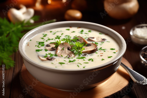 Vegetarian cream soup with mushrooms and spicy herbs, AI Generated