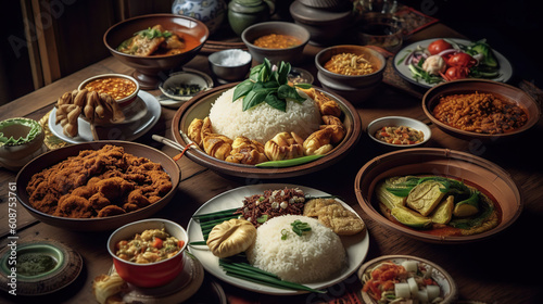 Flavors of Indonesia, A Feast of Padang-style Delights Adorning the Table. Generative AI