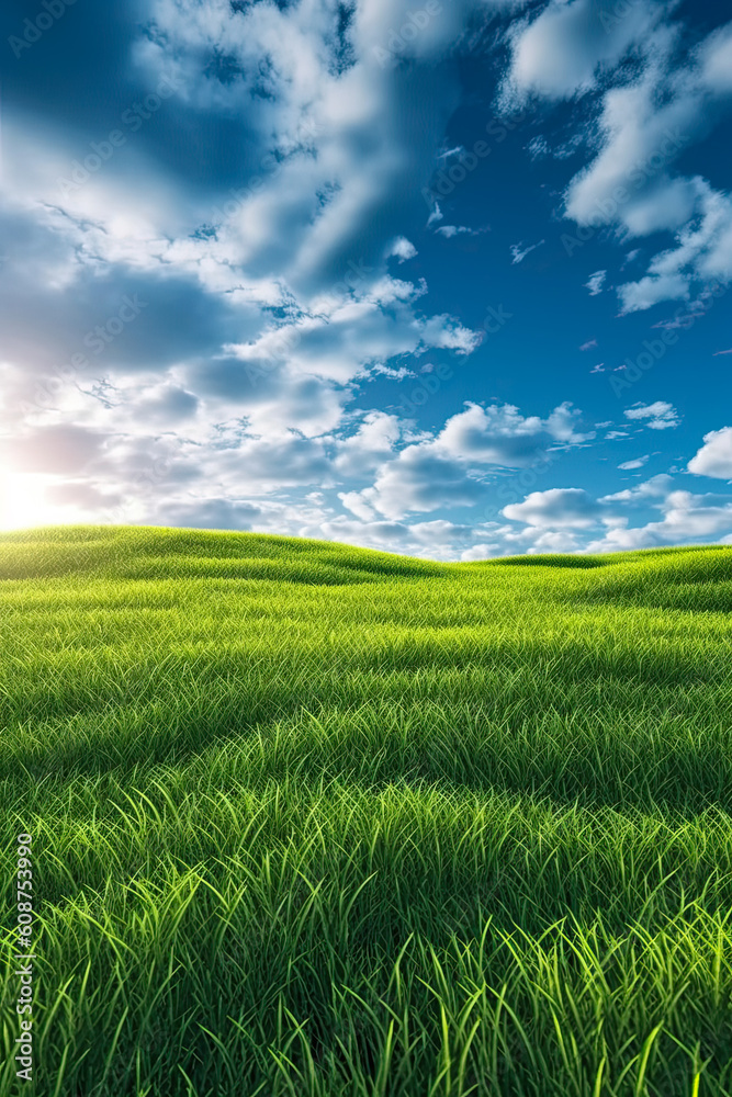 Fototapeta premium Green grass field on small hills and blue sky with clouds, Generative AI