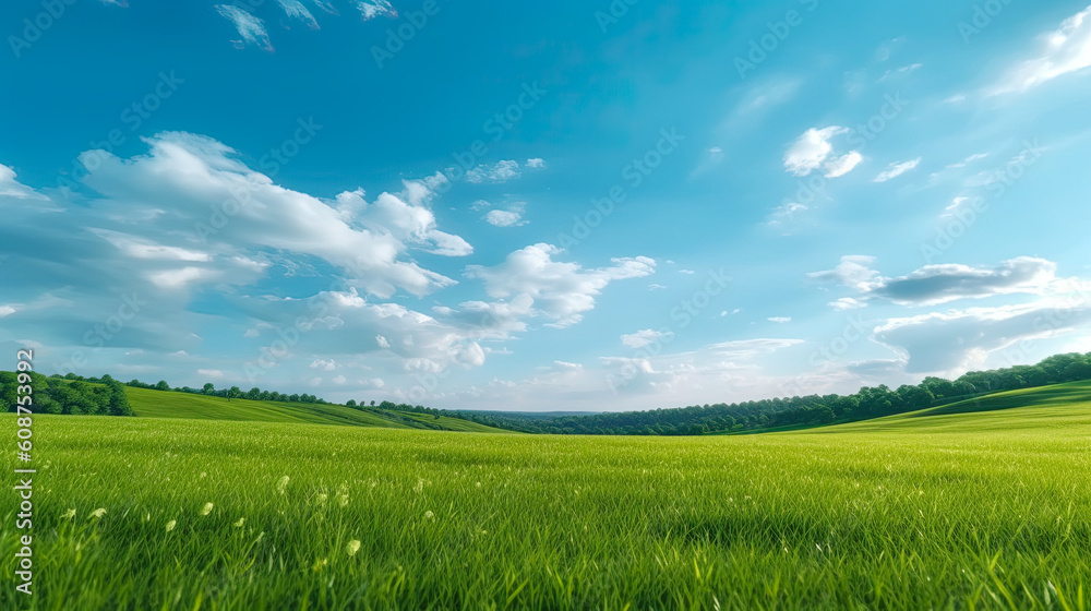 Obraz premium Green grass field on small hills and blue sky with clouds, Generative AI