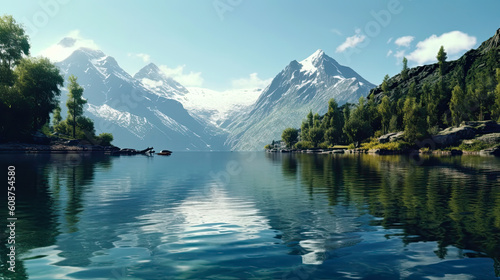 A panoramic view of a serene mountain lake, Generative AI