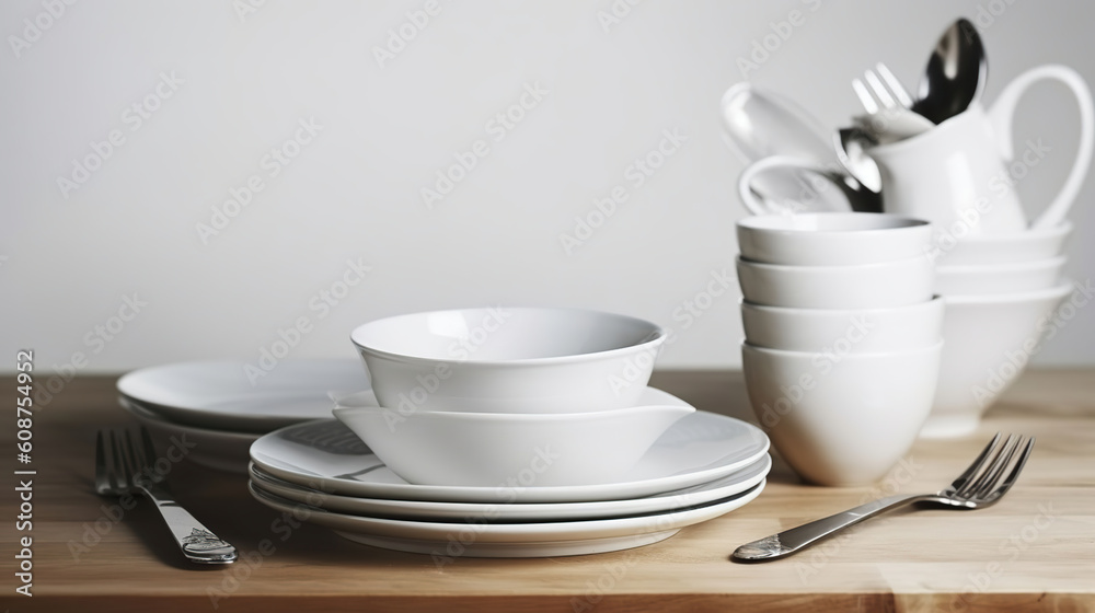 Elegant Simplicity, White Dishware and Cutlery Adorn a Rustic Wooden Table. Generative AI Elegant Simplicity, White Dishware and Cutlery Adorn a Rustic Wooden Table. Generative AI