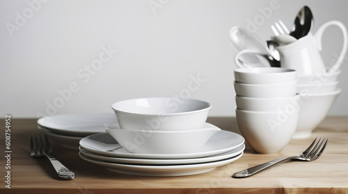 Elegant Simplicity, White Dishware and Cutlery Adorn a Rustic Wooden Table. Generative AI