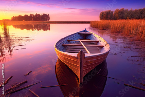 boat on the lake at sunset in the style of vibrant color fie, Generative AI