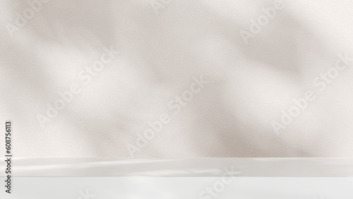 Creamy white concrete wall background. Outdoor white marble floor. Natural light. Shadows falling from a tree. Space placing products, cosmetics, skincare, and beauty treatment product. 3D render