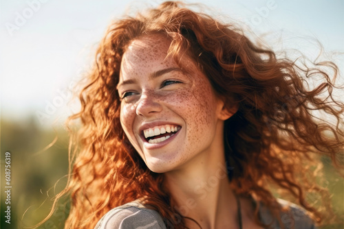 Closeup portrait of a beautiful young red-haired woman, her candid laughter radiating joy and a sense of vitality in a natural setting, generative ai