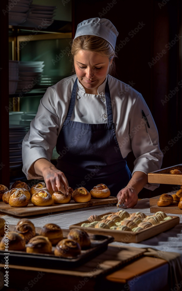 Female pastry chef preparing the brioches, her appearance is happy and professional - ai generative