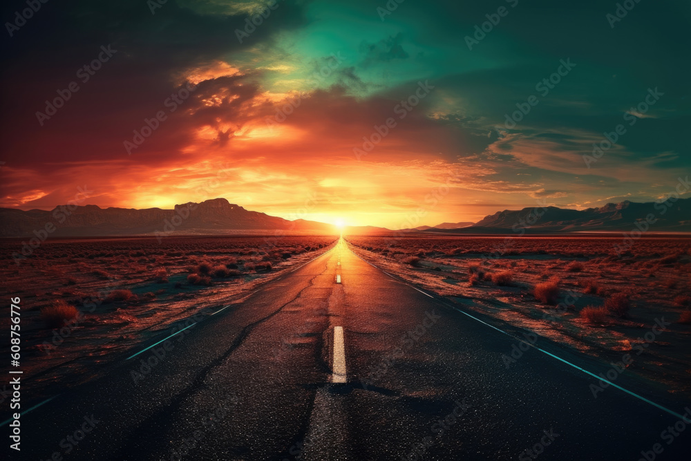 highway road leading into the distance, sunset in neon style, Generative AI