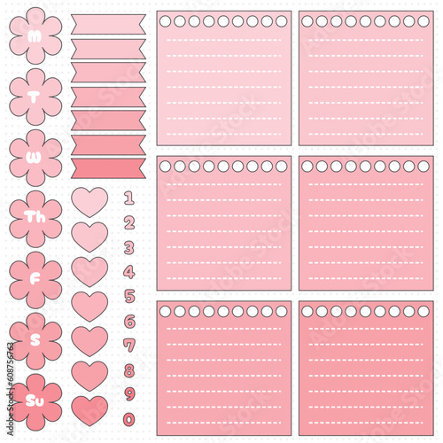 Cute blank paper notes. Stationery organizer set. Scrapbook notes and memo schedule.Printable planner stickers. To Do List sticky note pad. Digital planning element. Vector illustration.
