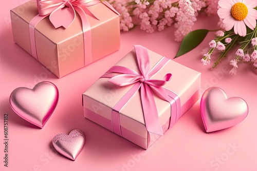 Pink Gift Present Box on Pink Background Generative AI