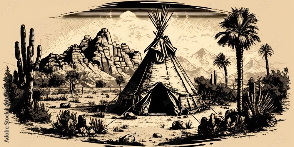 AI Generated. AI Generative. Native american western scene background with cowboy wigwam desrt and rocks.