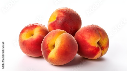 ripe summer time peach with leaf isolated on a white background with copy space