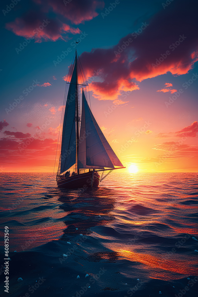 landscape, a sailboat sails along the ocean, Generative AI