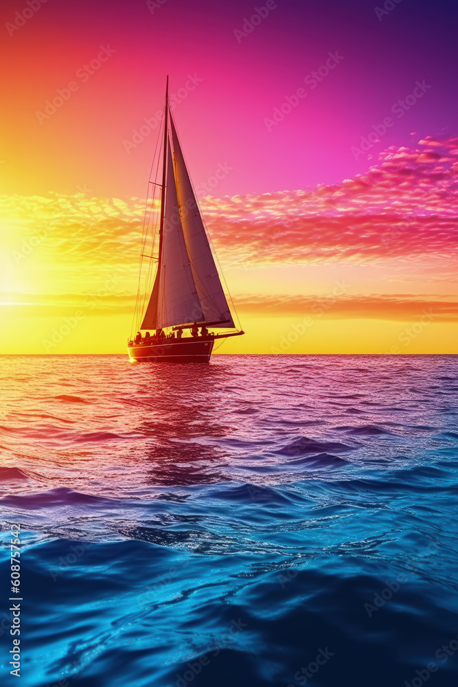 landscape, a sailboat sails along the ocean, Generative AI