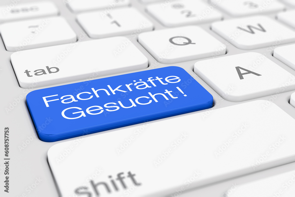 Illustration - Computer-Tastatur mit einer Taste in blau und der Aufschrift Fachkräfte Gesucht. Illustration - Computer-Tastatur mit einer Taste in blau und der Aufschrift Fachkräfte Gesucht.