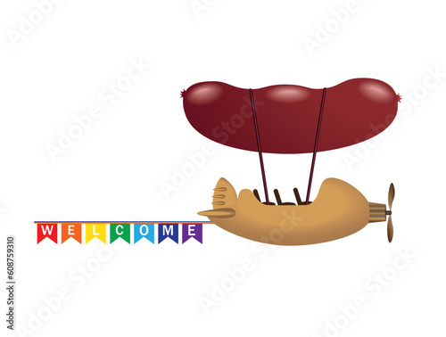 Cartoon airship with an inflatable sausage-shaped balloon and a propeller on a gondola with a banner and the inscription welcome. Vector illustration	