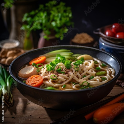 Udon noodles garnished with green onions and a variety of vegetables